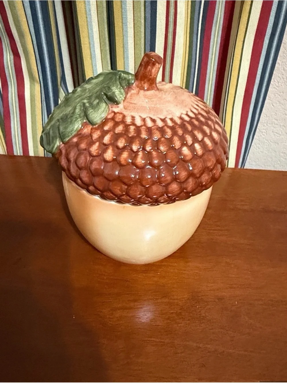 Vintage Ceramic Acorn Candy/Cookie Jar with Green Leaf Lid